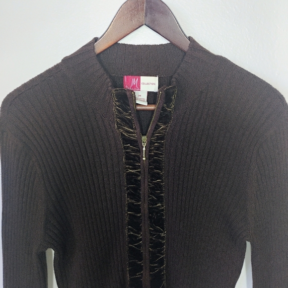 JM Collection Brown Ribbed Knit Velvet Zip Up Cardigan Sweater Size Medium - Picture 3 of 10